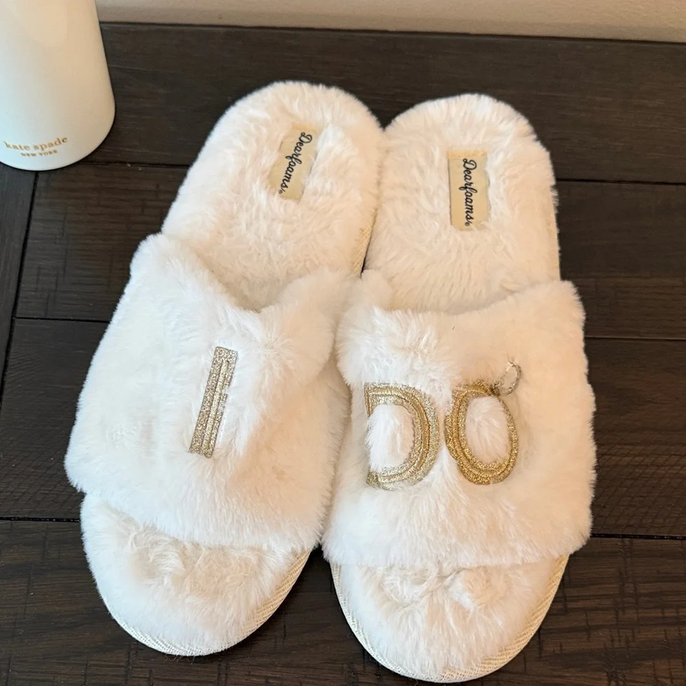 I Do, White Fuzzy Slippers and Kate Spade Tumbler